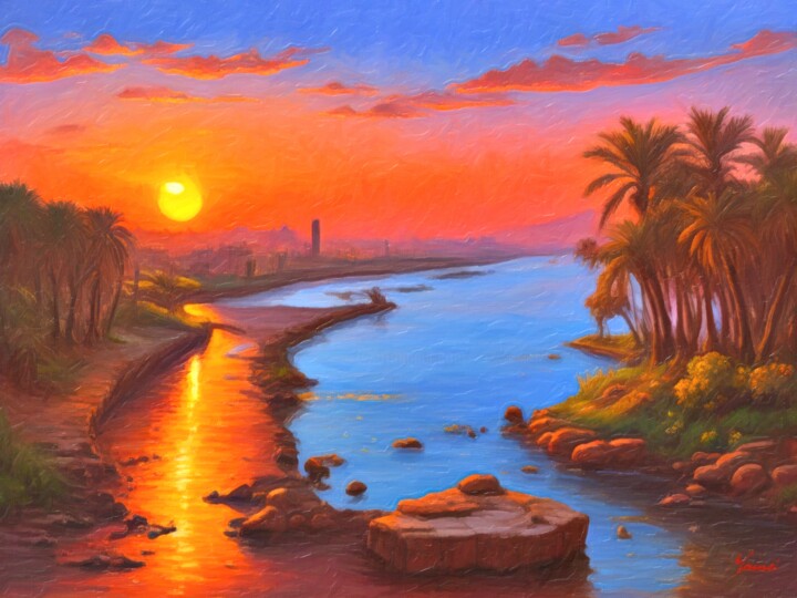 Painting titled "On the Nile Valley" by Younsi, Original Artwork, Oil