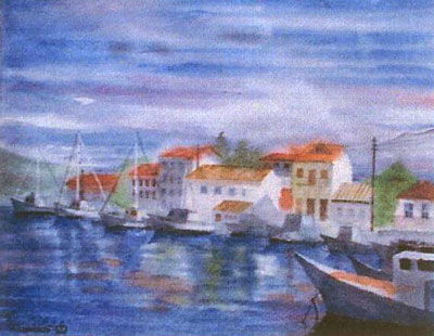 Peinture intitulée "Seaside Village" par R K, Œuvre d'art originale, Huile