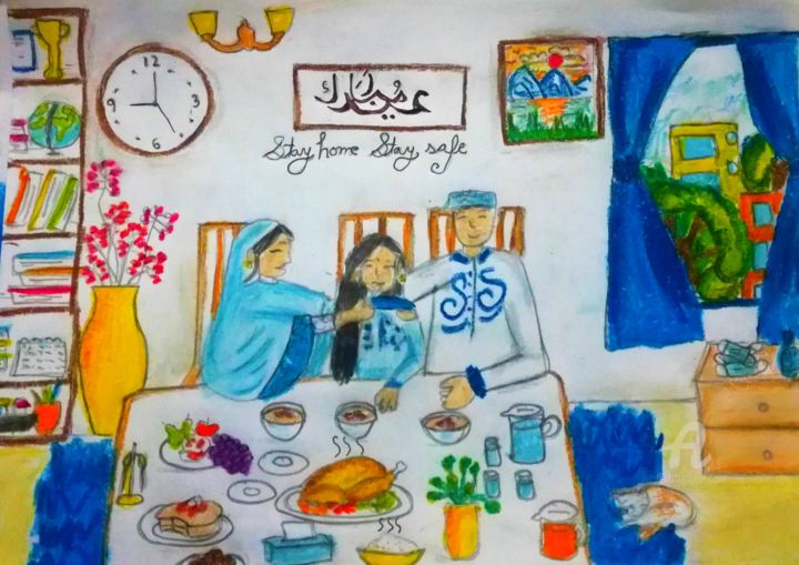 Schilderij getiteld "Eid festival amid C…" door Youshra, Origineel Kunstwerk, Potlood