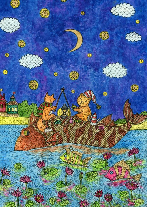 Pittura intitolato "A fox and a bear sw…" da Ekaterina Karpushchenkova, Opera d'arte originale, Acquarello
