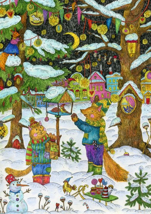 Рисунок под названием "The cat and the fox…" - Ekaterina Karpushchenkova, Подлинное произведение искусства, Цветные карандаши