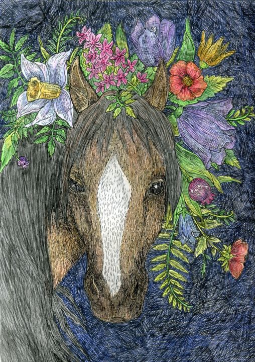 Рисунок под названием "Horse portrait with…" - Ekaterina Karpushchenkova, Подлинное произведение искусства, Чернила
