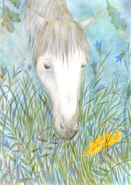 Рисунок под названием "White horse and for…" - Ekaterina Karpushchenkova, Подлинное произведение искусства, Цветные карандаши