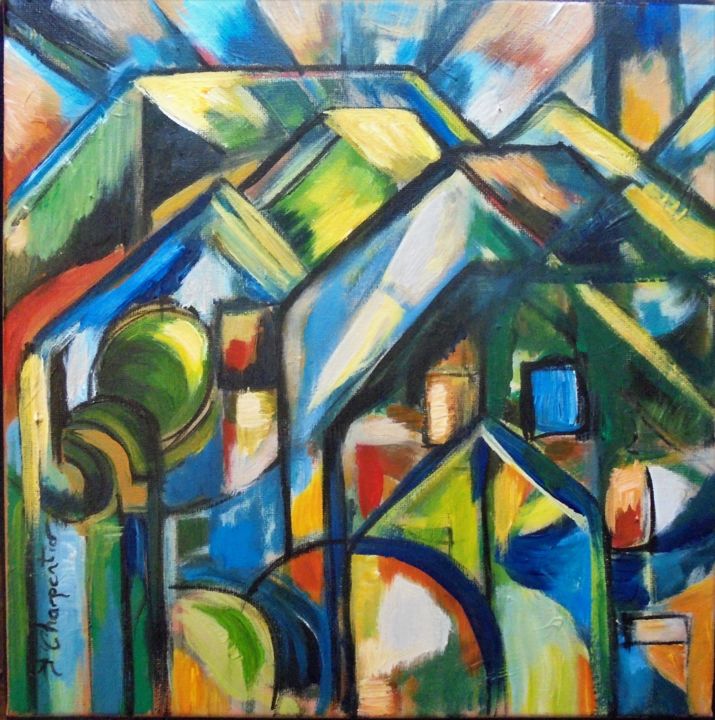 Painting titled "Village" by Isabelle Charpentier, Original Artwork, Acrylic