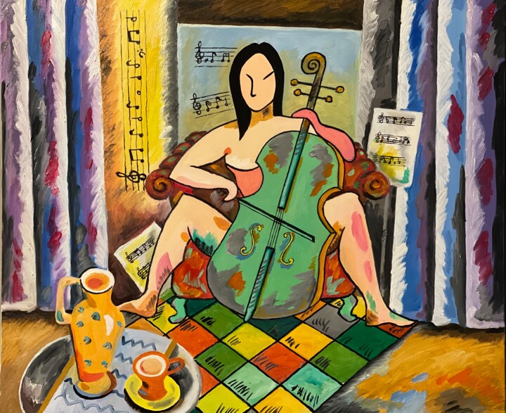 Schilderij getiteld "Mind woman with her…" door Yu-Feng Lin, Origineel Kunstwerk, Olie Gemonteerd op Andere stijve panelen