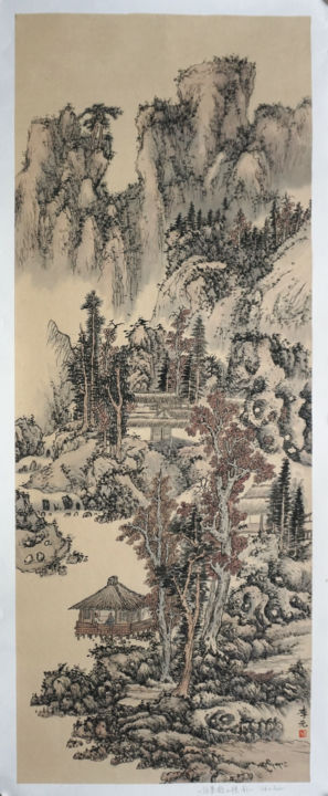 Dessin intitulée "Woodman and Mountain" par Yuan Li, Œuvre d'art originale