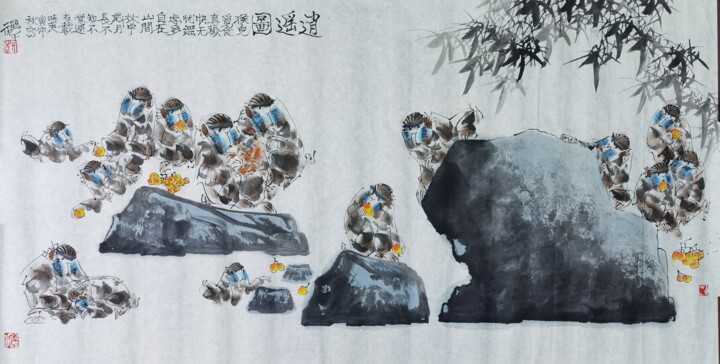 Schilderij getiteld "逍遥图(Carefree)" door Yuan Ze Yuanze Zhou Zhou, Origineel Kunstwerk, Inkt