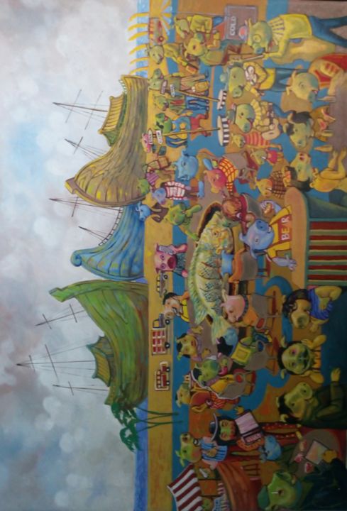Painting titled "Piggies Harbour" by Yudha Sasmito, Original Artwork, Acrylic