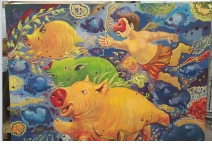 Painting titled "Casing the piggies" by Yudha Sasmito, Original Artwork, Acrylic