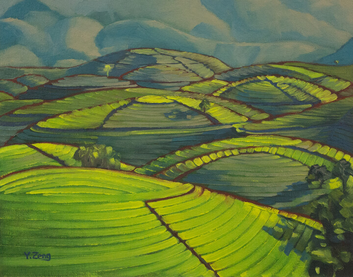Schilderij getiteld "Landscape study tea…" door Yue Zeng, Origineel Kunstwerk, Olie Gemonteerd op Andere stijve panelen