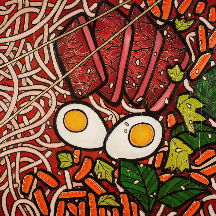 Painting titled "Ramen noodle beef" by Yue Zeng, Original Artwork, Oil Mounted on Wood Panel
