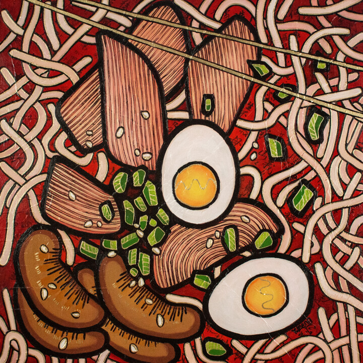 Painting titled "Ramen noodle chicken" by Yue Zeng, Original Artwork, Oil Mounted on Wood Panel