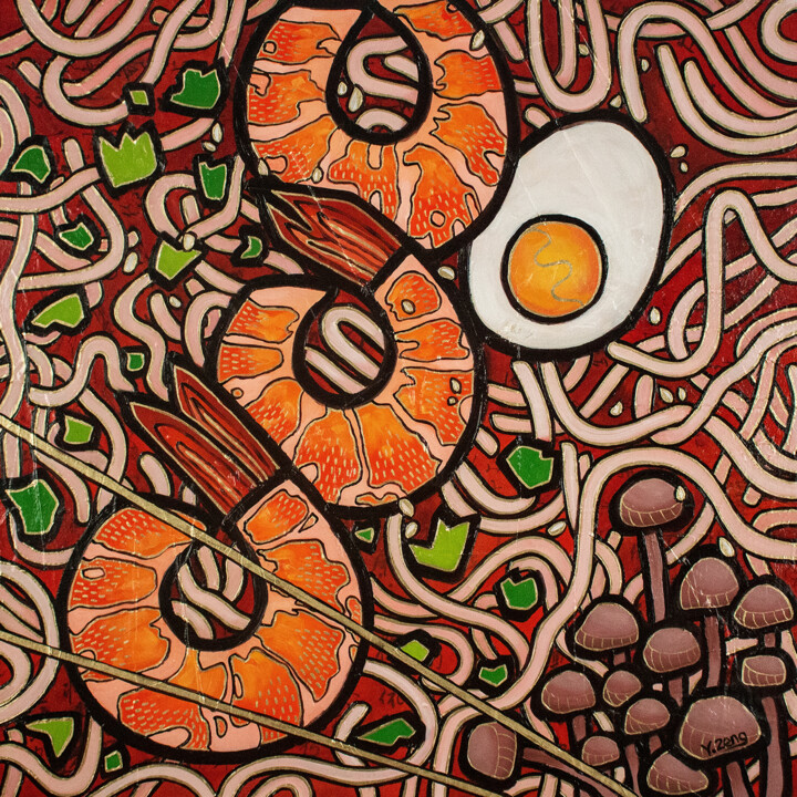 Painting titled "Ramen noodle shrimp" by Yue Zeng, Original Artwork, Oil Mounted on Wood Panel