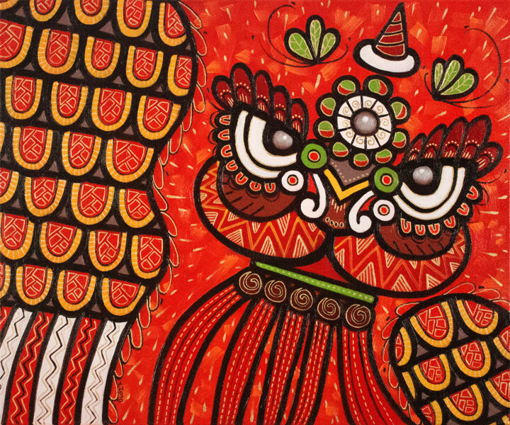 Schilderij getiteld "Lion dance red" door Yue Zeng, Origineel Kunstwerk, Olie