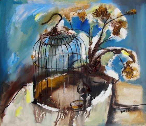绘画 标题为“有鸟笼的静物” 由阿越, 原创艺术品, 油