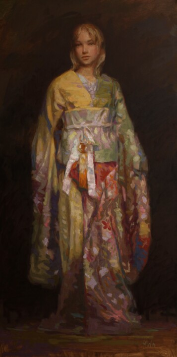 "Girl in Kimono" başlıklı Tablo Yuehua He tarafından, Orijinal sanat, Petrol