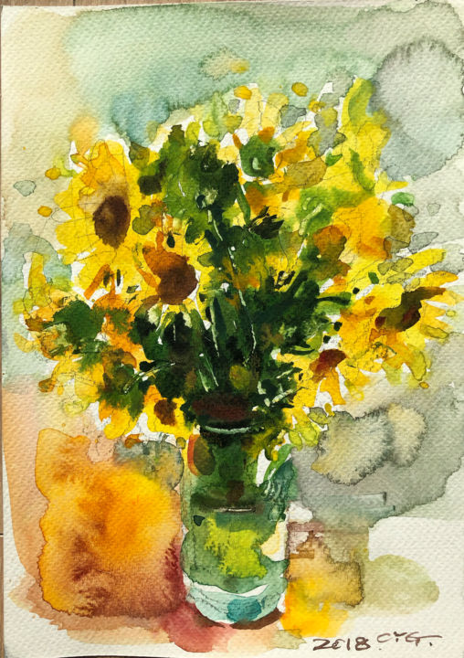 Painting titled "Sonnenblumen" by Yugang Chen, Original Artwork, Watercolor