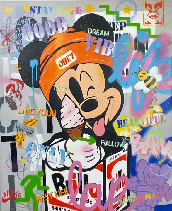 Painting titled "Mickey Hipster" by Yugipop, Original Artwork, Acrylic Mounted on Wood Stretcher frame