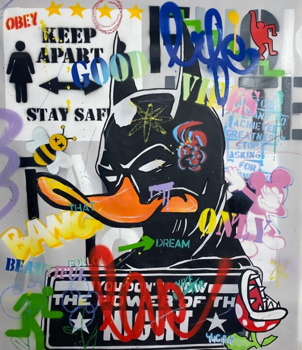 Schilderij getiteld "Bat Duck" door Yugipop, Origineel Kunstwerk, Acryl Gemonteerd op Frame voor houten brancard