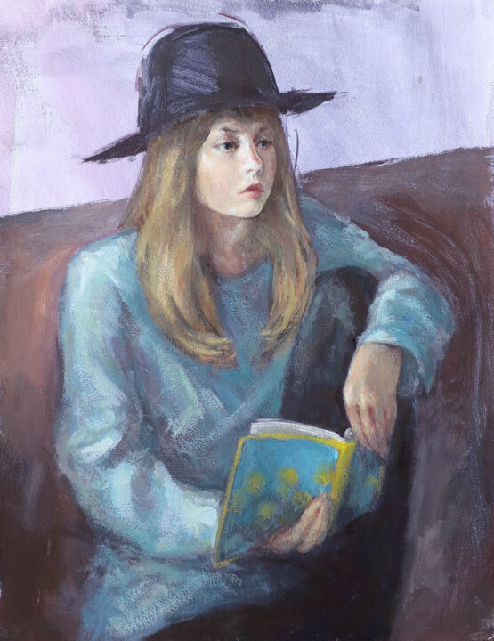 Painting titled "Girl with a book Or…" by Yulia Babulina, Original Artwork, Tempera
