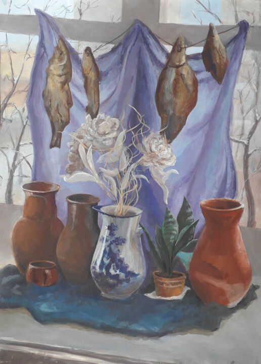 Painting titled "Still life with Whi…" by Yulia Babulina, Original Artwork, Tempera