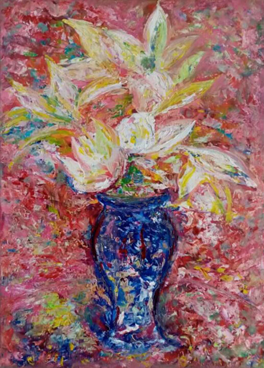 Картина под названием "Lilies in a blue va…" - Yulia Dolgorukova, Подлинное произведение искусства, Масло Установлен на Друг…