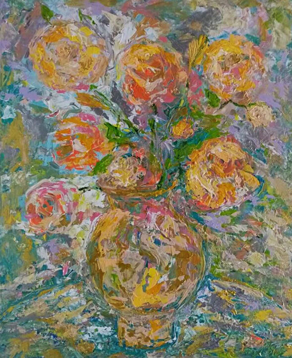 Pittura intitolato "Tea roses" da Yulia Dolgorukova, Opera d'arte originale, Olio