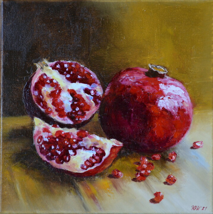 Painting titled "Pomegranate on table" by Yulia Ivanova, Original Artwork, Oil