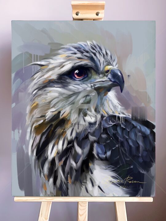Digital Arts titled "Hawk" by Yulia Rossan, Original Artwork, Digital Painting Mounted on Wood Stretcher frame