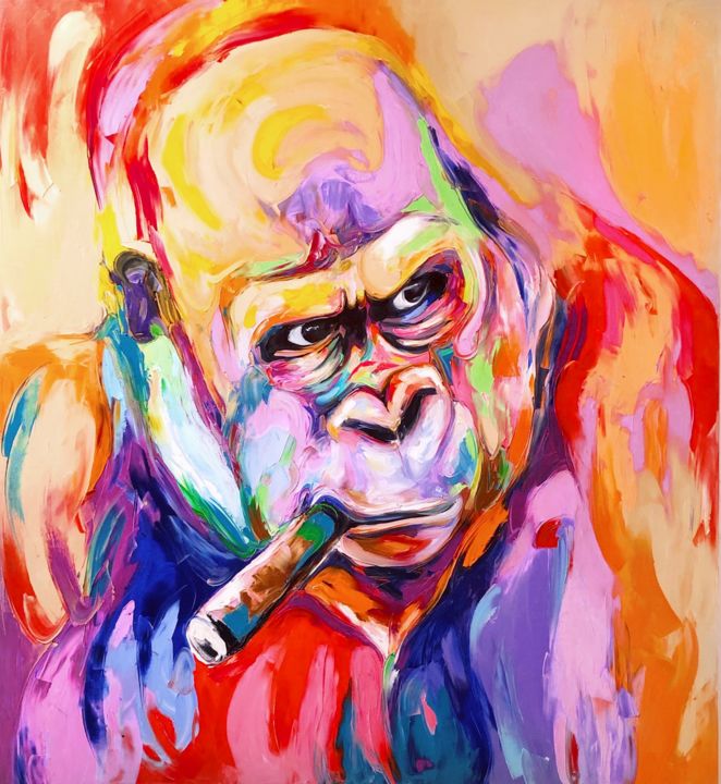 Painting titled "Gorilla with the ci…" by Yulia Varlamova, Original Artwork, Oil