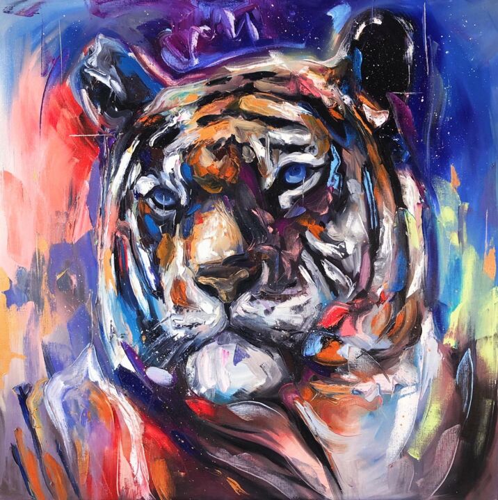 Painting titled "Space tiger" by Yulia Varlamova, Original Artwork, Oil