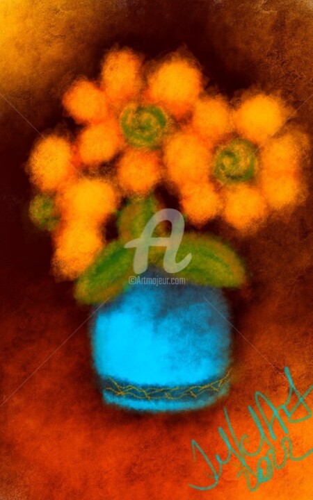 Digital Arts titled ""Цветы в голубой ва…" by Yulia Velychko (JulVelArt), Original Artwork, Digital Painting