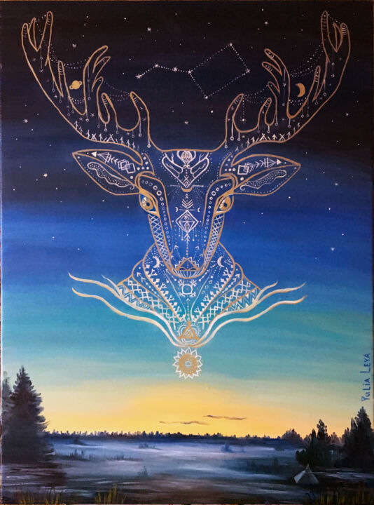 Pintura titulada "Golden deer Totems…" por Yulia Leya, Obra de arte original, Oleo Montado en Bastidor de camilla de madera