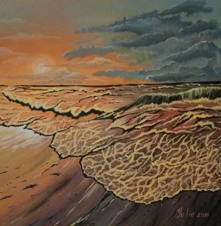 Painting titled "Sunset at sea" by Emilia, Original Artwork, Acrylic