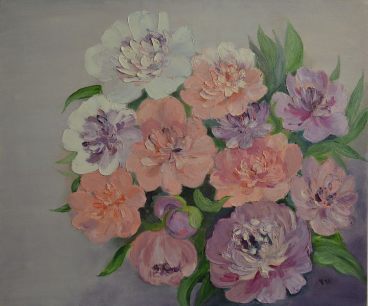 Painting titled "Peonies" by Yulia Sheverova, Original Artwork, Oil Mounted on Wood Stretcher frame