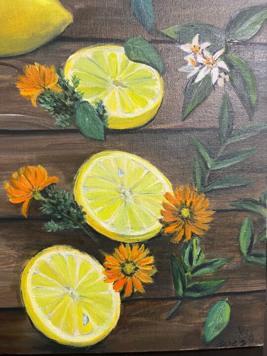 Pintura intitulada "Vanilla-mint lemons" por Yulia Sheverova, Obras de arte originais, Óleo