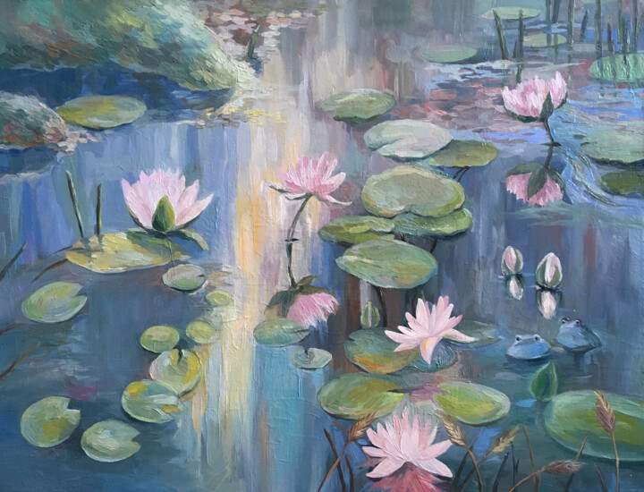 Painting titled "Pond Water lilies П…" by Yulia Tamoykina (Lifestyle_harmony), Original Artwork, Oil