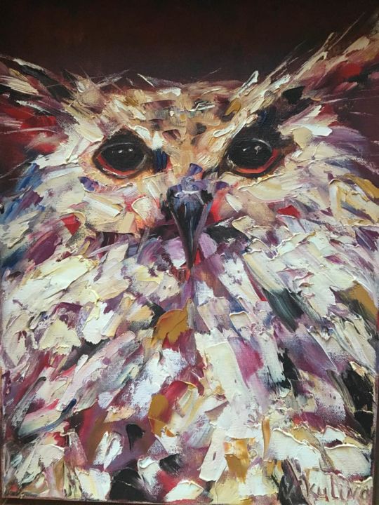 Painting titled "Owl" by Yulia Nikulina, Original Artwork, Oil Mounted on Wood Stretcher frame