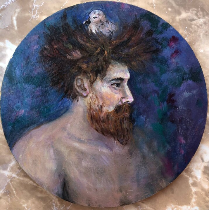 Peinture intitulée "Viking with a chick" par Yuliia Chaika, Œuvre d'art originale, Huile