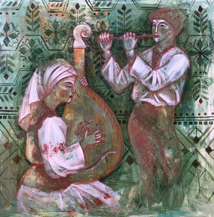 Painting titled "Folk Duet of Musici…" by Yuliia Chaika, Original Artwork, Acrylic Mounted on Wood Stretcher frame