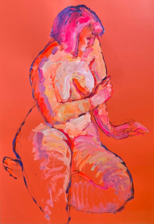 Schilderij getiteld "Тude on warm red" door Yuliia Levytska, Origineel Kunstwerk, Acryl