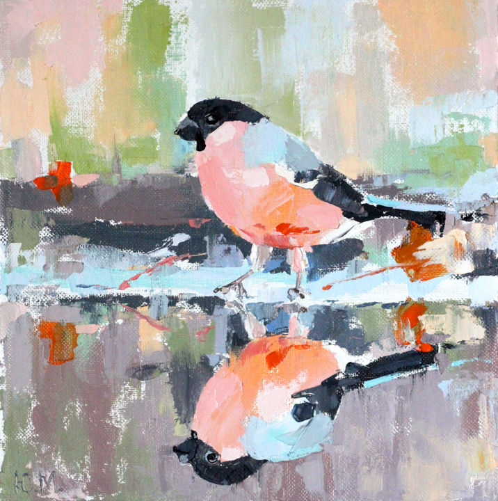 Painting titled "Bullfinch" by Yuliia Meniailova, Original Artwork, Oil Mounted on Wood Stretcher frame