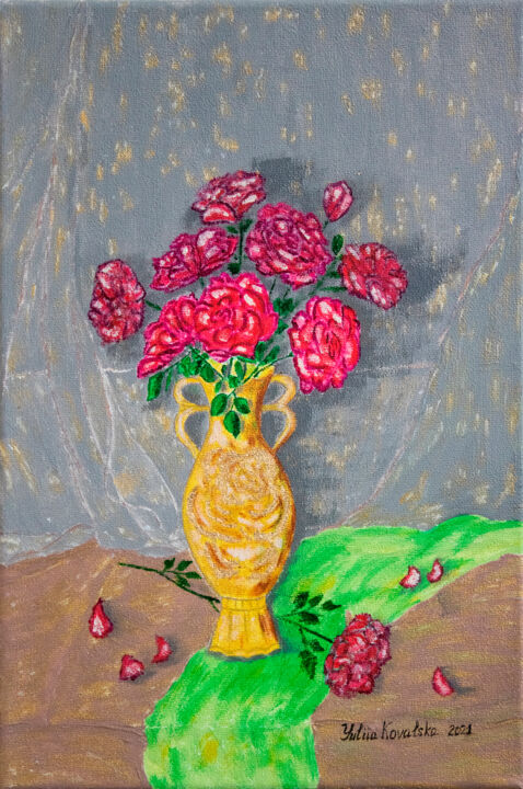 Картина под названием "Roses in a vase" - Yuliia Kovalska, Подлинное произведение искусства, Акрил