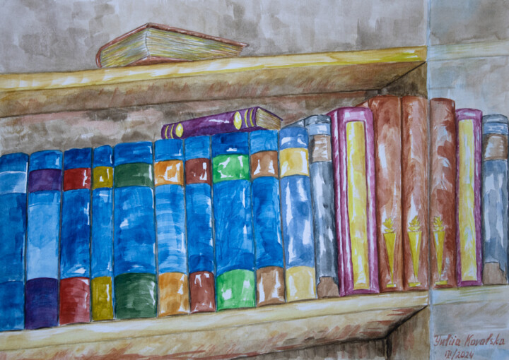 Pittura intitolato "Bookshelf" da Yuliia Kovalska, Opera d'arte originale, Acquarello