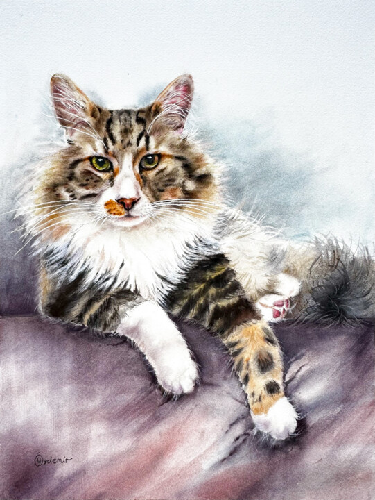 Painting titled "Cat portrait" by Yuliya Ozdemir, Original Artwork, Watercolor