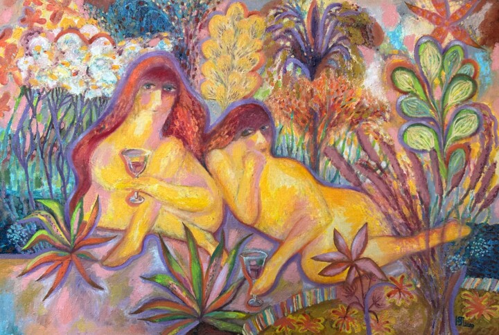 Pittura intitolato "Woman and Wine." da Yuliya Pochynok (JJ Julia), Opera d'arte originale, Olio