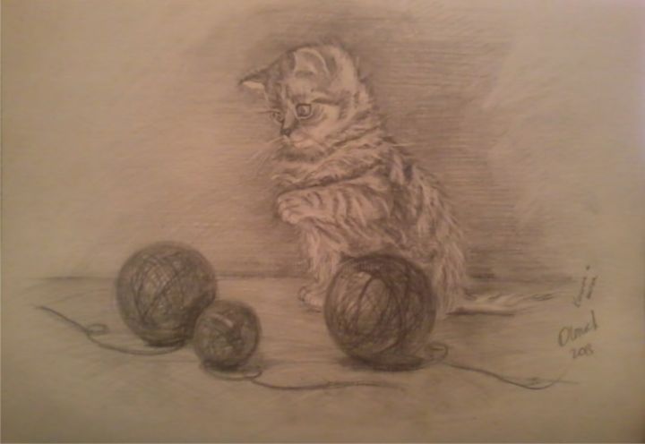 Рисунок под названием "Котенок и нитки" - Yuliya Olenich, Подлинное произведение искусства