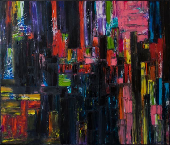 Painting titled "The city at night" by Ulyana Skifova, Original Artwork, Oil