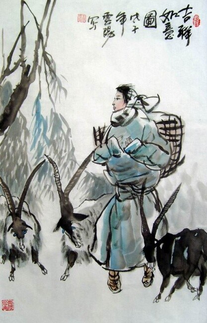 Pintura intitulada "国画人物：吉祥如意图" por Yun Yang Wang, Obras de arte originais, Óleo