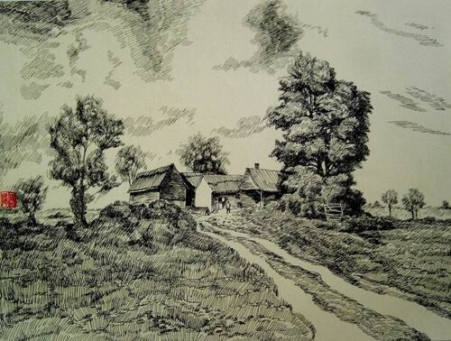 绘画 标题为“钢笔画：乡间小路” 由云阳 王, 原创艺术品, 油